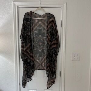 American Eagle Sheer Black Floral Boho Kimono with Rust Accents